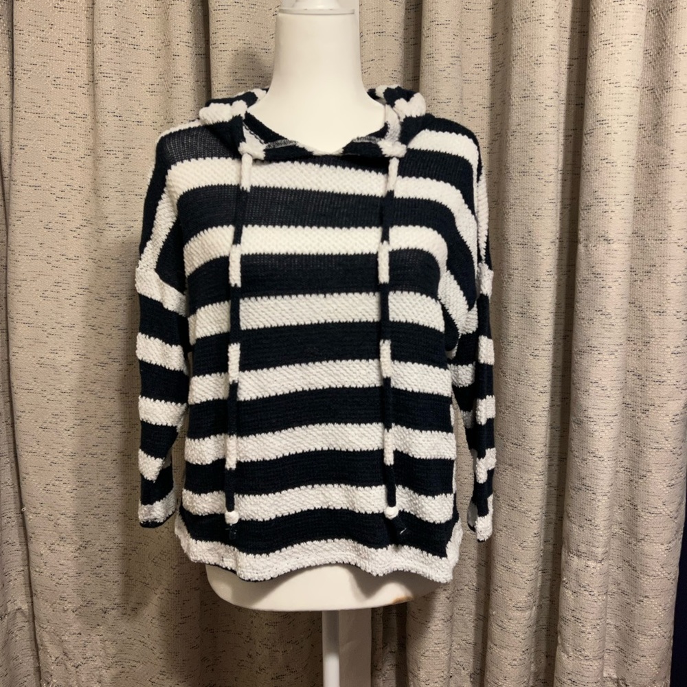 Navy and white stripe, terry cloth pull over hooded sweater